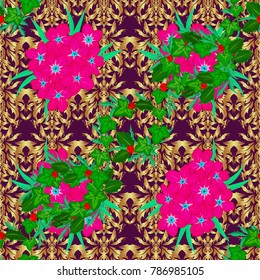 Seamless vector pattern in magenta, purple and green colors with cute primrose flowers. Floral background.