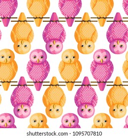 Seamless vector pattern with magenta, yellow owls. Repetitive background with vector birds pink, golden yellow colors. Cute funny owls in the repetitive seamless vector pattern.