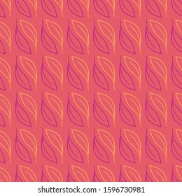 Seamless vector pattern with magenta and yellow leaves in a geometric design on an orange background. Beautiful modern botanical design for fabric, packaging, stationery, wrapping paper, home decor.