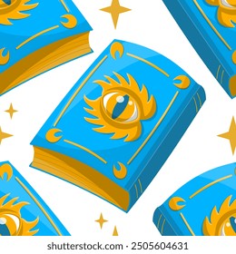 Seamless vector pattern with magic book and stars in blue color