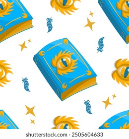 Seamless vector pattern with magic book and stars in blue color