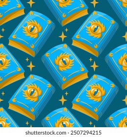 Seamless vector pattern with magic book and stars in blue color