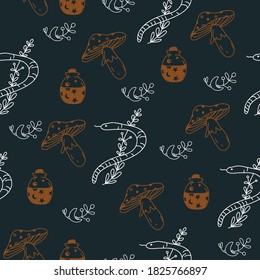 Seamless vector pattern of magic elements: snake, mushroom, moon and potion.