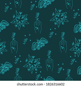 Seamless vector pattern of magic elements: hand with flower, star, moth.