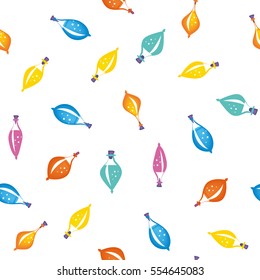 Seamless vector pattern with magic glass bottles of different colors and potion