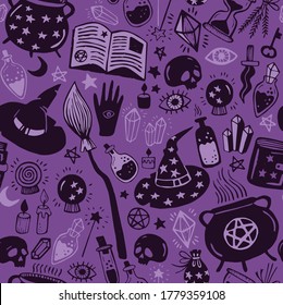 Seamless Vector Pattern, Magic Hand Drawn Doodle. Collection Halloween Elements. Magic Cauldron, Pot, Hat, Broom, Potions, Books, Magic Wand, Hourglass. Purple Mystical Pattern.