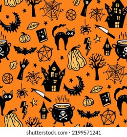 Seamless vector pattern, magic hand drawn doodle. Magic haunted house, pumpkin, cat, bat, cobweb. Mystical holiday pattern.