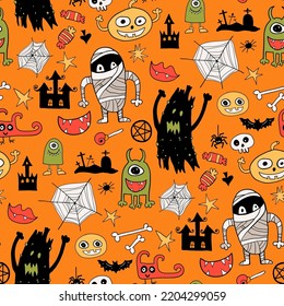 Seamless vector pattern, magic hand drawn doodle. Magic monster, pumpkin, web, candy. Mystical holiday pattern.