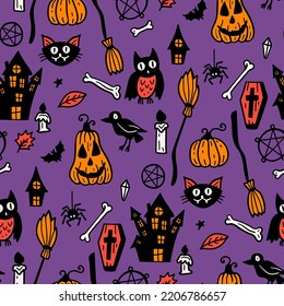 Seamless vector pattern, magic hand drawn doodle. Magic haunted house, pumpkin, cat, bat, cobweb. Mystical holiday pattern.