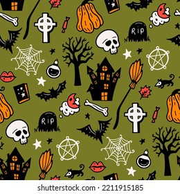 Seamless vector pattern, magic hand drawn doodle. Magic haunted house, pumpkin, bat, cobweb. Mystical holiday pattern.