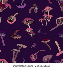 seamless vector pattern with magic hand drawn mushrooms on purple background