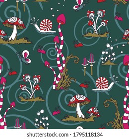 Seamless vector pattern with magic mushrooms on dark green background. Fantasy forest wallpaper design with insects and snails. Crazy fashion textile.