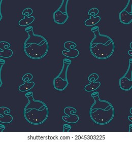 Seamless vector pattern with magic potions bottles. Line objects. Cute hand drawn Halloween background for wrapping paper, textile, print, gift, packaging, card, fabric, wallpaper.