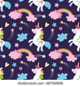 Seamless vector pattern with magic stars and unicorn