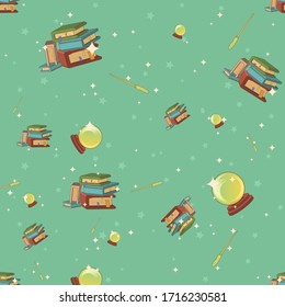 Seamless vector pattern with magic wand, magic ball, spell books.  Magician equipment cartoon pattern for wrapping paper, wallpapers, web-design, textile, background.  