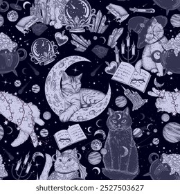 Seamless vector pattern magical cats in space. Wizard cat with potion, tabby kitten on the moon, fortune teller cat, and kitty in space	