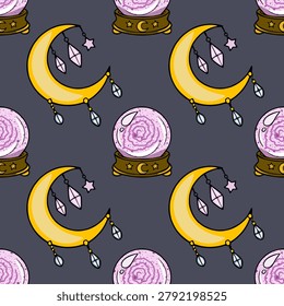 Seamless vector pattern of a magical crescent moon with dangling crystals and a fortune telling crystal ball