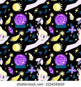 Seamless vector pattern with magical elements on a black background.Endless ornament with witchcraft items: witch's hand, magic ball, stars, spells, flowers and insects.