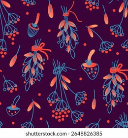 Padrão de vetor sem emenda com ervas mágicas, bagas e cogumelos em um fundo escuro. Perfeito para embalagens místicas, têxteis e desenhos temáticos bruxos.