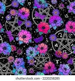 Seamless vector pattern of magical symbols and flowers