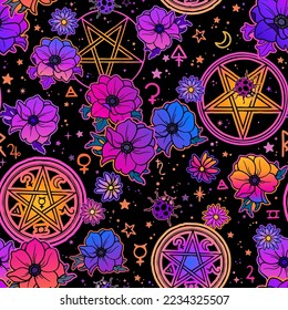 Seamless vector pattern of magical symbols and flowers