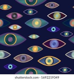 Seamless vector pattern with magical, witchcraft multi-colored eyes on a violet, blue background. Imitation of embroidery with threads on fabric.Fashionable and stylish design for fabric and wallpaper