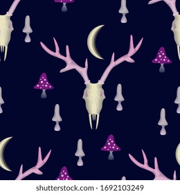 Seamless vector pattern with magical, witchy elements of dark, satanic cults-deer horns, poisonous mushrooms and crescent moon sickle. Violet background. Imitation of embroidery with threads on fabric