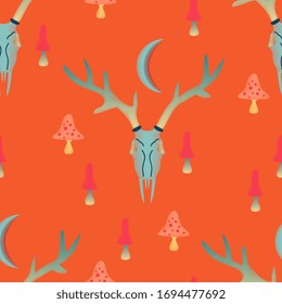 Seamless vector pattern with magical, witchy elements of dark, satanic cults-deer horns, poisonous mushrooms and crescent moon sickle. Orange tangerine background. Imitation of embroidery