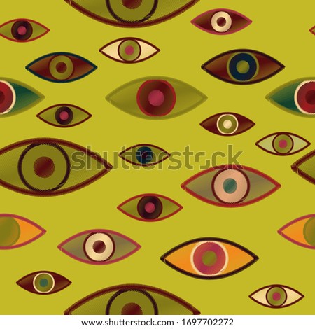 Seamless vector pattern with magical,witchcraft eyes on a chartreuse yellow green color background.Imitation of embroidery with threads on fabric.Fashionable and stylish design for fabric