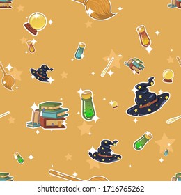 Seamless vector pattern with magician equipment. Cartoon pattern with magic ball, wand, broom, spell books, potions. Fantasy ornate with witch's equipment for wrapping paper, textile, web-design.