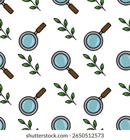 Seamless vector pattern of magnifying glasses and green leaves, a whimsical design perfect for spring or nature-themed projects.