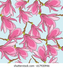 Seamless vector pattern with magnolia flowers on branch