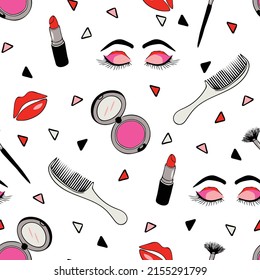 Seamless vector pattern with make up life style on white background. Simple beauty product wallpaper design. Decorative cosmetics fashion textile.