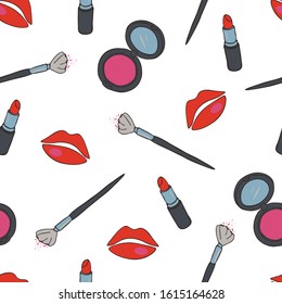 Seamless vector pattern with make up on white background. Simple beauty wallpaper design for women. Beauty fashion textile.
