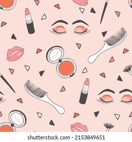 Seamless vector pattern with make up products on pink background. Simple beauty industry wallpaper design. Decorative cosmetics fashion textile.