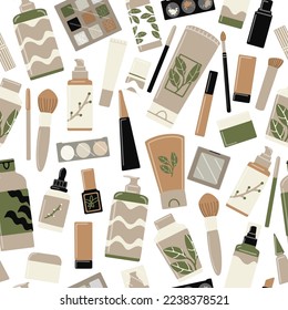Seamless vector pattern with make up, skincare and hair care products. Hand drawn illustration.