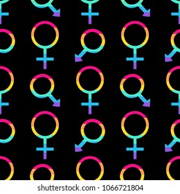 Seamless vector pattern with male and female pride symbols. Trendy stylish LGBT texture. Repeating colorful tile, artwork for print and textiles. Isolated vector illustration.
