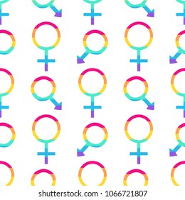Seamless vector pattern with male and female pride symbols. Trendy stylish LGBT texture. Repeating colorful tile, artwork for print and textiles. Isolated vector illustration.