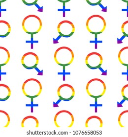 Seamless vector pattern with male and female symbol in gay pride rainbow colors. Trendy stylish texture. Repeating colorful tile, artwork for print and textiles. Isolated vector illustration.