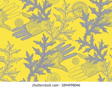 Seamless vector pattern with male and female hands in floral ornament