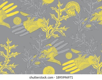 Seamless vector pattern with male and female hands in floral ornament