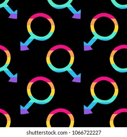 Seamless vector pattern with male gay symbols in pride rainbow colors. Trendy stylish texture. Repeating colorful tile, artwork for print and textiles. Isolated vector illustration.