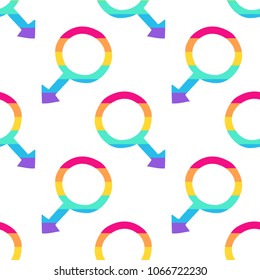 Seamless vector pattern with male gay symbols in pride rainbow colors. Trendy stylish texture. Repeating colorful tile, artwork for print and textiles. Isolated vector illustration.