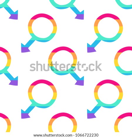 Seamless vector pattern with male gay symbols in pride rainbow colors. Trendy stylish texture. Repeating colorful tile, artwork for print and textiles. Isolated vector illustration.