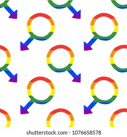 Seamless vector pattern with male symbol in gay pride rainbow colors. Trendy stylish texture. Repeating colorful tile, artwork for print and textiles. Isolated vector illustration.
