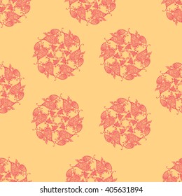 Seamless vector pattern with mandala on yellow. Hand drawn mandala elements in bohemian style.
Ornamental mandala background for fabric, wrapping wallpaper and other seamless design.