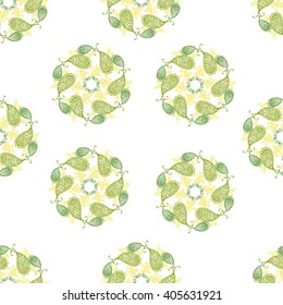 Seamless vector pattern with mandala on white. Hand drawn mandala elements in bohemian style.
Ornamental mandala background for fabric, wrapping wallpaper and other seamless design.