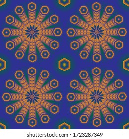 Seamless vector pattern in mandala style. Ethnic round elements consisting of bright peacock feathers on deep blue background. Exotic Indian design perfect for textile. Vibrant colors, simple forms.