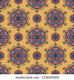 Seamless vector pattern with mandalas. Stylish background with decorative ethnic ornament. Bright textile boho design.