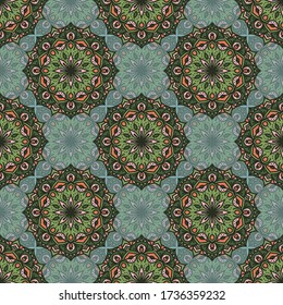 Seamless vector pattern with mandalas. Stylish background with decorative ethnic ornament. Bright textile boho design.